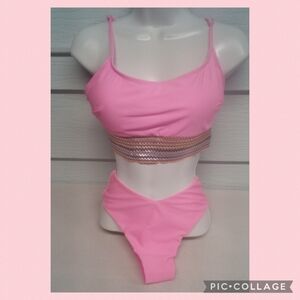Pink two piece swimsuit.